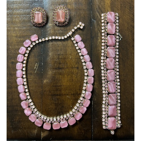 Juliana Jewelry - Vintage Pink Rhinestone Moonglow Cabochon Set Necklace Bracelet Earrings